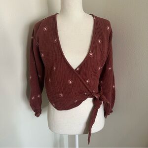 Madewell Embroidered Wrap Top Brown Floral Gauze Size Small